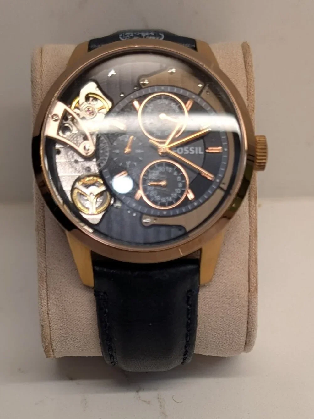 Fossil Men’s Automatic Open Heart Watch Rose Gold Brown Leather Skeleton